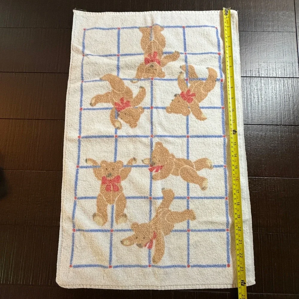 Vtg Teddy Bear Bath Towel Set 3 Pc Windowpane Grid Red Bows Cottagecore Retro